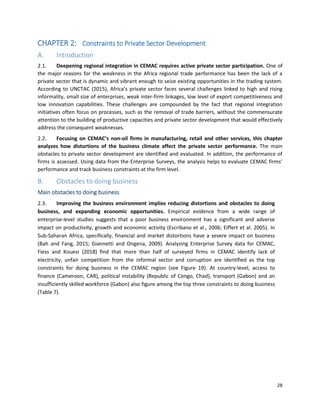28
CHAPTER 2: Constraints to Private Sector Development
A. Introduction
2.1. Deepening regional integration in CEMAC requires active private sector participation. One of
the major reasons for the weakness in the Africa regional trade performance has been the lack of a
private sector that is dynamic and vibrant enough to seize existing opportunities in the trading system.
According to UNCTAC (2015), Africa’s private sector faces several challenges linked to high and rising
informality, small size of enterprises, weak inter-firm linkages, low level of export competitiveness and
low innovation capabilities. These challenges are compounded by the fact that regional integration
initiatives often focus on processes, such as the removal of trade barriers, without the commensurate
attention to the building of productive capacities and private sector development that would effectively
address the consequent weaknesses.
2.2. Focusing on CEMAC’s non-oil firms in manufacturing, retail and other services, this chapter
analyzes how distortions of the business climate affect the private sector performance. The main
obstacles to private sector development are identified and evaluated. In addition, the performance of
firms is assessed. Using data from the Enterprise Surveys, the analysis helps to evaluate CEMAC firms’
performance and track business constraints at the firm level.
B. Obstacles to doing business
Main obstacles to doing business
2.3. Improving the business environment implies reducing distortions and obstacles to doing
business, and expanding economic opportunities. Empirical evidence from a wide range of
enterprise-level studies suggests that a poor business environment has a significant and adverse
impact on productivity, growth and economic activity (Escribano et al., 2006; Eiffert et al. 2005). In
Sub-Saharan Africa, specifically, financial and market distortions have a severe impact on business
(Bah and Fang, 2015; Giannetti and Ongena, 2009). Analyzing Enterprise Survey data for CEMAC,
Fiess and Kouevi (2018) find that more than half of surveyed firms in CEMAC identify lack of
electricity, unfair competition from the informal sector and corruption are identified as the top
constraints for doing business in the CEMAC region (see Figure 19). At country-level, access to
finance (Cameroon, CAR), political instability (Republic of Congo, Chad), transport (Gabon) and an
insufficiently skilled workforce (Gabon) also figure among the top three constraints to doing business
(Table 7).
 