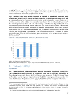 70
smuggling, informal cross-border trade, and customs fraud to two main causes: (1) differences in prices
and tax burdens in neighboring countries; and (2) the complexities of customs clearance procedures and
internal control issues in customs units (World Bank 2017b).
5.20. Regional trade within CEMAC countries is impeded by supply-side limitations, poor
infrastructure, remaining tariffs and non-tariff barriers, behind-the-border barriers, as well as the lack
of trade complementarity. Trade complementarity indices can be calculated to measure the overlap of
what two countries sell to and buy from each other to evaluate if they are natural trading partners.43
The index ranges between 0 and 100, with 100 indicating a perfect overlap. Figure 40 reports trade
complementarity indices for CEMAC exports to the same bloc as well as other countries. Subject to the
data caveat on unreported trade in the region, the degree of overlap between what CEMAC countries
sell to and buy from each other is significantly lower than the degree of complementarity between these
countries and some principal trading partners. The highest complementarity is recorded for top EU
partners (average of France, Belgium, Italy and Spain); almost twice as the complementarity between
CEMAC countries.44
Figure 40. Trade Complementarity Indices for CEMAC countries, 2014
Source: Staff calculations using data of WITS.
Notes: Top EU partners includes France, Belgium, Italy, and Spain. CEMAC includes CAR, Cameroon, and Congo.
C. Trade policy in CEMAC
Import tariffs
5.21. CEMAC’s common trade policy includes two main instruments: the common external tariff
(CET) and a zero-rate preferential tariff for intra-CEMAC trade, both of which have been subject to
flaws. During its summit in October 2017 in N’Djamena the Conference of CEMAC Heads of State
confirmed the need for improved implementation of the CEMAC trade regime and recommended that
states should exercise the greatest caution in applying the CEMAC common trade policy instruments.
43
The trade complementarity index is estimated for each country pair, for each direction of trade. For the
complementarity index among CEMAC, the index between CAR, Cameroon, and Congo is calculated for each
direction of trade and then the average among the 6 pairwise indices is taken. Indices are averaged similarly for
other countries.
44
As a comparison, the complementarity for the pair France and Belgium would average 71 percent.
0
5
10
15
20
25
30
35
40
45
Other CEMAC Top EU China USA
Percent
 
