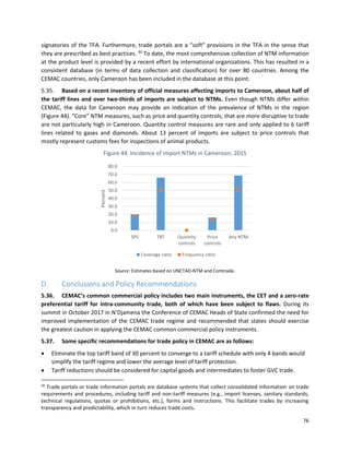 76
signatories of the TFA. Furthermore, trade portals are a “soft” provisions in the TFA in the sense that
they are prescribed as best practices. 50
To date, the most comprehensive collection of NTM information
at the product level is provided by a recent effort by international organizations. This has resulted in a
consistent database (in terms of data collection and classification) for over 80 countries. Among the
CEMAC countries, only Cameroon has been included in the database at this point.
5.35. Based on a recent inventory of official measures affecting imports to Cameroon, about half of
the tariff lines and over two-thirds of imports are subject to NTMs. Even though NTMs differ within
CEMAC, the data for Cameroon may provide an indication of the prevalence of NTMs in the region
(Figure 44). “Core” NTM measures, such as price and quantity controls, that are more disruptive to trade
are not particularly high in Cameroon. Quantity control measures are rare and only applied to 6 tariff
lines related to gases and diamonds. About 13 percent of imports are subject to price controls that
mostly represent customs fees for inspections of animal products.
Figure 44. Incidence of import NTMs in Cameroon, 2015
Source: Estimates based on UNCTAD-NTM and Comtrade.
D. Conclusions and Policy Recommendations
5.36. CEMAC’s common commercial policy includes two main instruments, the CET and a zero-rate
preferential tariff for intra-community trade, both of which have been subject to flaws. During its
summit in October 2017 in N’Djamena the Conference of CEMAC Heads of State confirmed the need for
improved implementation of the CEMAC trade regime and recommended that states should exercise
the greatest caution in applying the CEMAC common commercial policy instruments.
5.37. Some specific recommendations for trade policy in CEMAC are as follows:
• Eliminate the top tariff band of 30 percent to converge to a tariff schedule with only 4 bands would
simplify the tariff regime and lower the average level of tariff protection.
• Tariff reductions should be considered for capital goods and intermediates to foster GVC trade.
50
Trade portals or trade information portals are database systems that collect consolidated information on trade
requirements and procedures, including tariff and non-tariff measures (e.g., import licenses, sanitary standards,
technical regulations, quotas or prohibitions, etc.), forms and instructions. This facilitate trades by increasing
transparency and predictability, which in turn reduces trade costs.
0.0
10.0
20.0
30.0
40.0
50.0
60.0
70.0
80.0
SPS TBT Quantity
controls
Price
controls
Any NTM
Percent
Coverage ratio Frequency ratio
 