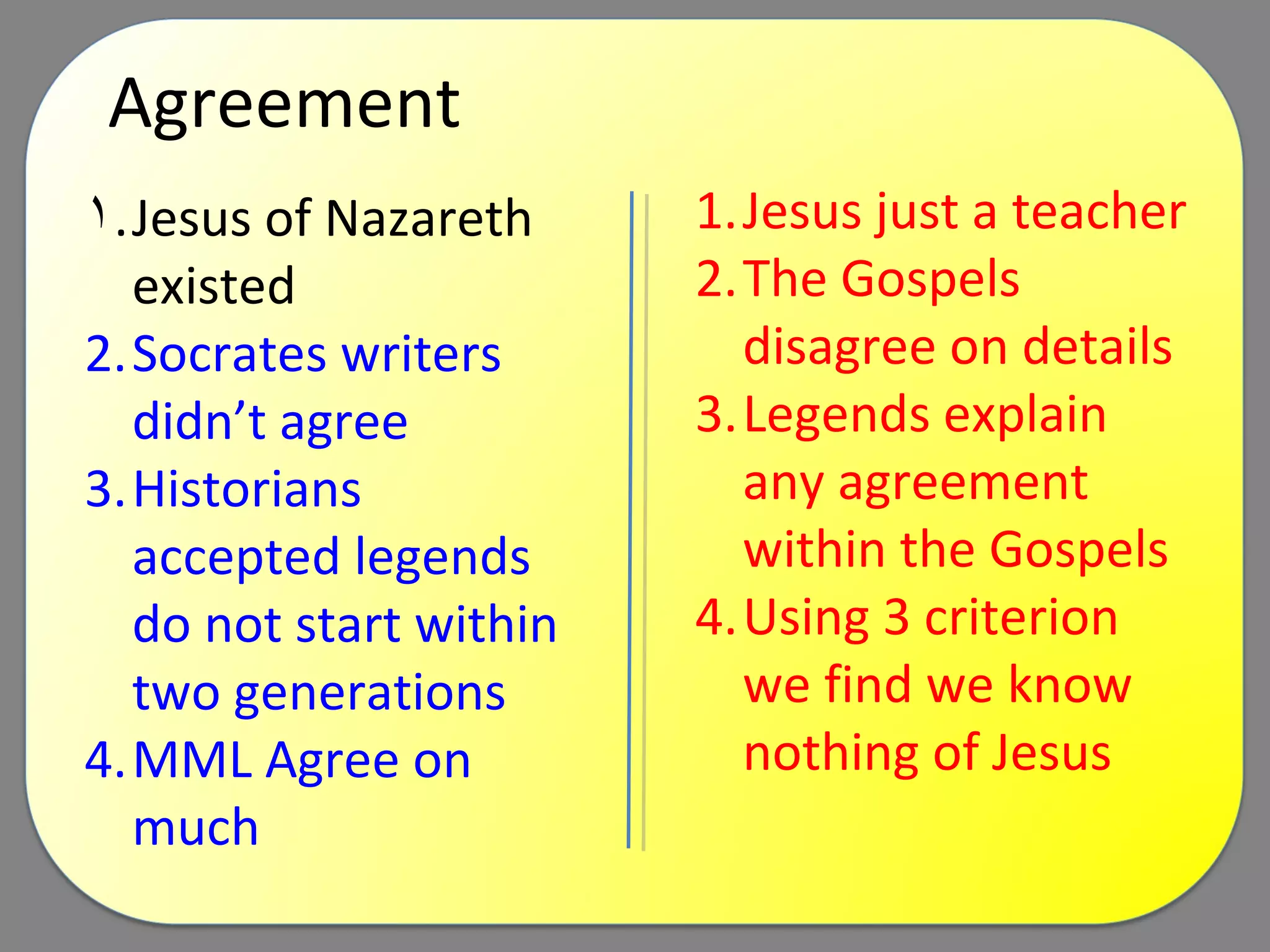 Agreement Jesus of Nazareth existed Socrates writers didn’t agree Historians accepted legends do not start within two generations  MML Agree on much Jesus just a teacher The Gospels disagree on details Legends explain any agreement within the Gospels Using 3 criterion we find we know nothing of Jesus 