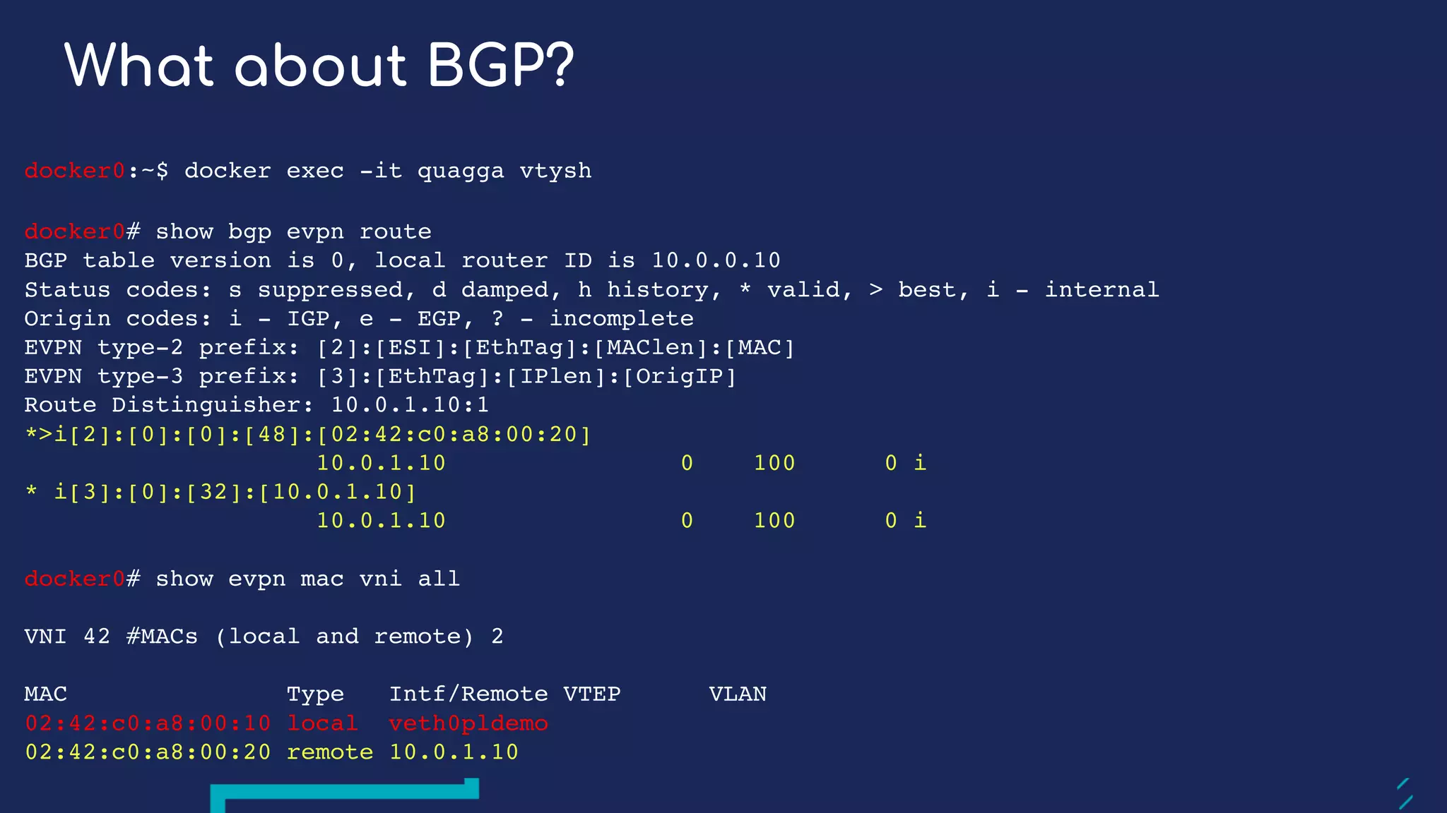 What about BGP?
docker0:~$ docker exec -it quagga vtysh
docker0# show bgp evpn route
BGP table version is 0, local router ID is 10.0.0.10
Status codes: s suppressed, d damped, h history, * valid, > best, i - internal
Origin codes: i - IGP, e - EGP, ? - incomplete
EVPN type-2 prefix: [2]:[ESI]:[EthTag]:[MAClen]:[MAC]
EVPN type-3 prefix: [3]:[EthTag]:[IPlen]:[OrigIP]
Route Distinguisher: 10.0.1.10:1
*>i[2]:[0]:[0]:[48]:[02:42:c0:a8:00:20]
10.0.1.10 0 100 0 i
* i[3]:[0]:[32]:[10.0.1.10]
10.0.1.10 0 100 0 i
docker0# show evpn mac vni all
VNI 42 #MACs (local and remote) 2
MAC Type Intf/Remote VTEP VLAN
02:42:c0:a8:00:10 local veth0pldemo
02:42:c0:a8:00:20 remote 10.0.1.10
 