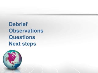 Debrief
Observations
Questions
Next steps
