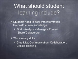 What should student
learning include?
Students need to deal with information
to construct new knowledge
Find - Analyze - Manage - Present
-Share/Collaborate
21st century skills
Creativity, Communication, Collaboration,
Critical Thinking
 