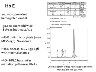 Chromatogram of HbE homozygous showing
HbA2 77.5% (RT 3.73 min).
Hb E
2nd most prevalent
hemoglobin variant
–30,000,000 world wide
–80% in Southeast Asia
•Hb E trait: microcytosis (mean
MCV=65fl). No anemia
•Hb E disease: MCV =55-65fl
with minimal anemia
•*On HPLC has similar
migration pattern as HbA2
 