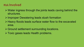 Water ingress through the joints leads caving behind the
structures.
Improper Dewatering leads slush formation
Heavy floods leads surface water flow to the excavated
area.
Ground settlement surrounding locations.
Toxic gases leads Health problems.
 