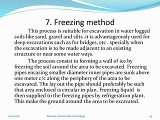 7. Freezing method
This process is suitable for excavation in water logged
soils like sand, gravel and silts .it is advantageously used for
deep excavations such as for bridges, etc . specially when
the excavation is to be made adjacent to an existing
structure or near some water ways.
The process consist in forming a wall of ice by
freezing the soil around the area to be excavated. Freezing
pipes encasing smaller diameter inner pipes are sunk above
one meter c/c along the periphery of the area to be
excavated. The lay out the pipe should preferably be such
that area enclosed is circular in plan. Freezing liquid is
then supplied to the freezing pipes by refrigeration plant.
This make the ground around the area to be excavated.
13/10/2016 Advance construction technology 55
 