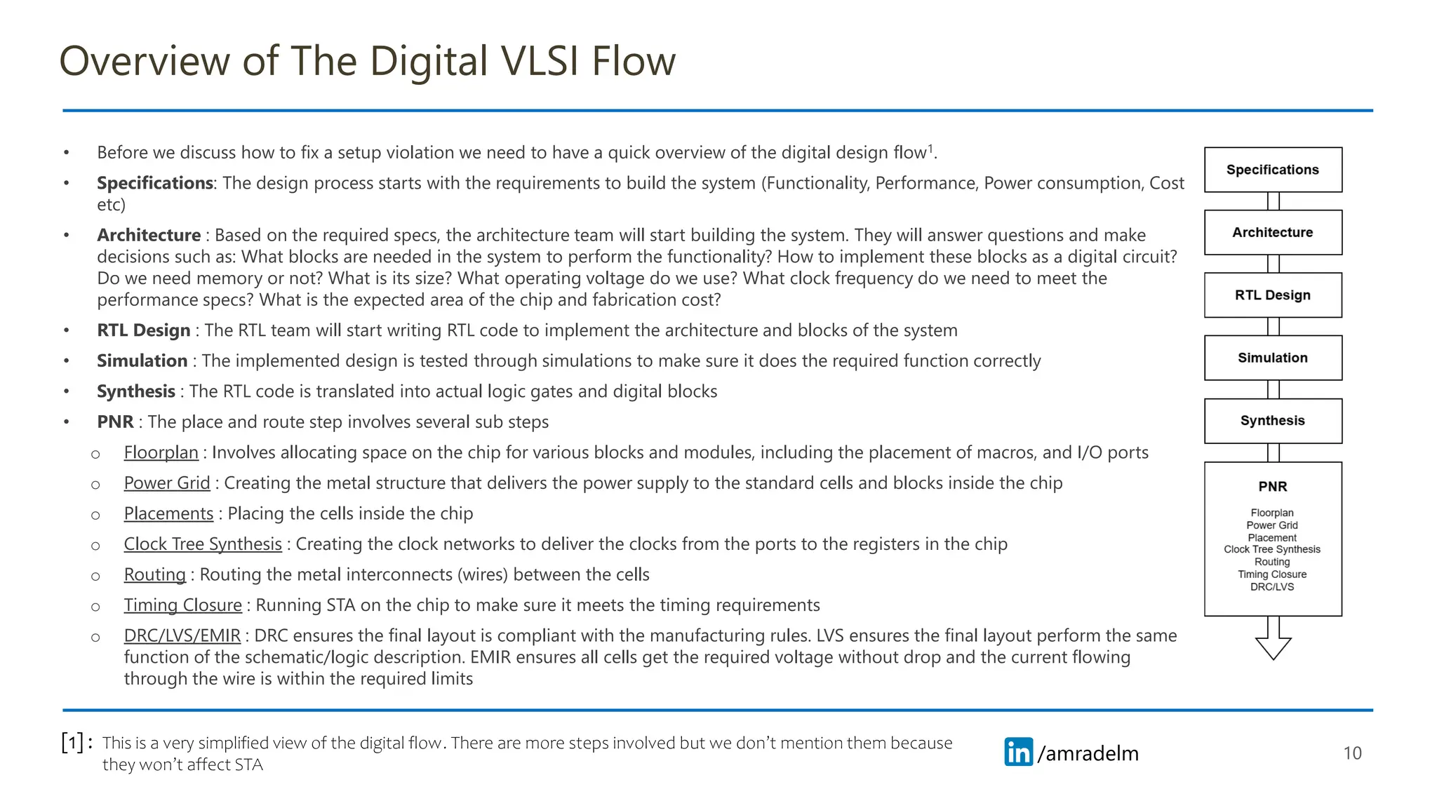 /amradelm
/amradelm
Overview of The Digital VLSI Flow
• Before we discuss how to fix a setup violation we need to have a quick overview of the digital design flow1.
• Specifications: The design process starts with the requirements to build the system (Functionality, Performance, Power consumption, Cost
etc)
• Architecture : Based on the required specs, the architecture team will start building the system. They will answer questions and make
decisions such as: What blocks are needed in the system to perform the functionality? How to implement these blocks as a digital circuit?
Do we need memory or not? What is its size? What operating voltage do we use? What clock frequency do we need to meet the
performance specs? What is the expected area of the chip and fabrication cost?
• RTL Design : The RTL team will start writing RTL code to implement the architecture and blocks of the system
• Simulation : The implemented design is tested through simulations to make sure it does the required function correctly
• Synthesis : The RTL code is translated into actual logic gates and digital blocks
• PNR : The place and route step involves several sub steps
o Floorplan : Involves allocating space on the chip for various blocks and modules, including the placement of macros, and I/O ports
o Power Grid : Creating the metal structure that delivers the power supply to the standard cells and blocks inside the chip
o Placements : Placing the cells inside the chip
o Clock Tree Synthesis : Creating the clock networks to deliver the clocks from the ports to the registers in the chip
o Routing : Routing the metal interconnects (wires) between the cells
o Timing Closure : Running STA on the chip to make sure it meets the timing requirements
o DRC/LVS/EMIR : DRC ensures the final layout is compliant with the manufacturing rules. LVS ensures the final layout perform the same
function of the schematic/logic description. EMIR ensures all cells get the required voltage without drop and the current flowing
through the wire is within the required limits
10
This is a very simplified view of the digital flow. There are more steps involved but we don’t mention them because
they won’t affect STA
[1] :
 