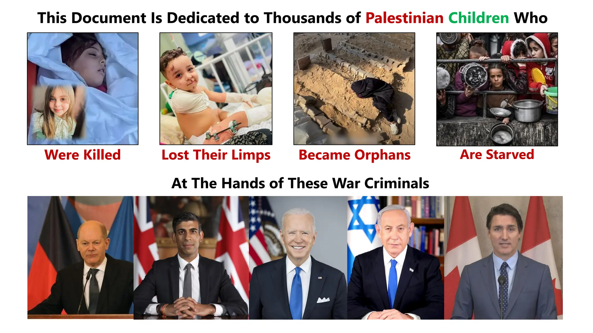 2
This Document Is Dedicated to Thousands of Palestinian Children Who
Were Killed Lost Their Limps Became Orphans Are Starved
At The Hands of These War Criminals
 