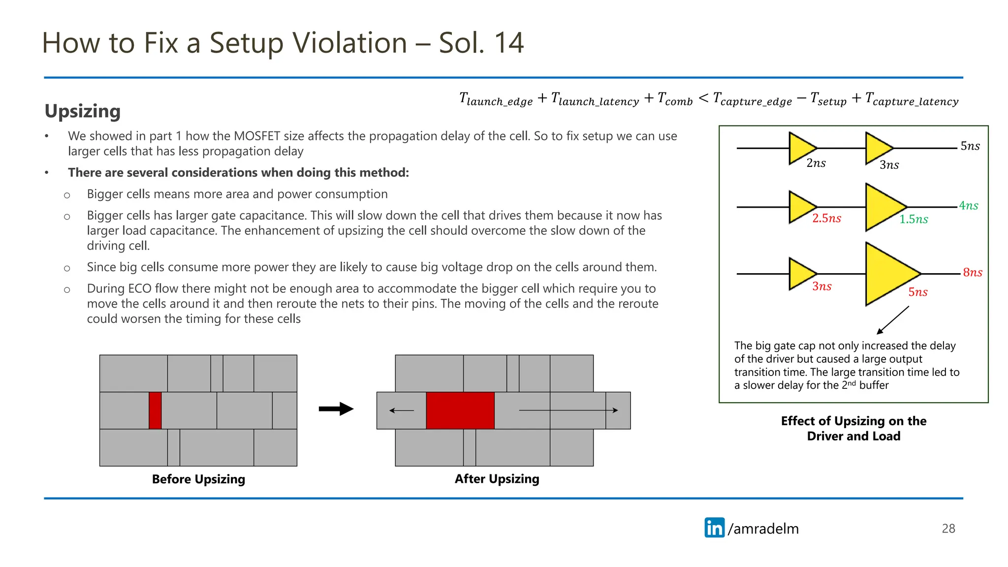 /amradelm
/amradelm
How to Fix a Setup Violation – Sol. 14
Upsizing
• We showed in part 1 how the MOSFET size affects the propagation delay of the cell. So to fix setup we can use
larger cells that has less propagation delay
• There are several considerations when doing this method:
o Bigger cells means more area and power consumption
o Bigger cells has larger gate capacitance. This will slow down the cell that drives them because it now has
larger load capacitance. The enhancement of upsizing the cell should overcome the slow down of the
driving cell.
o Since big cells consume more power they are likely to cause big voltage drop on the cells around them.
o During ECO flow there might not be enough area to accommodate the bigger cell which require you to
move the cells around it and then reroute the nets to their pins. The moving of the cells and the reroute
could worsen the timing for these cells
28
𝑇𝑙𝑎𝑢𝑛𝑐ℎ_𝑒𝑑𝑔𝑒 + 𝑇𝑙𝑎𝑢𝑛𝑐ℎ_𝑙𝑎𝑡𝑒𝑛𝑐𝑦 + 𝑇𝑐𝑜𝑚𝑏 < 𝑇𝑐𝑎𝑝𝑡𝑢𝑟𝑒_𝑒𝑑𝑔𝑒 − 𝑇𝑠𝑒𝑡𝑢𝑝 + 𝑇𝑐𝑎𝑝𝑡𝑢𝑟𝑒_𝑙𝑎𝑡𝑒𝑛𝑐𝑦
2𝑛𝑠 3𝑛𝑠
2.5𝑛𝑠 1.5𝑛𝑠
3𝑛𝑠 5𝑛𝑠
5𝑛𝑠
4𝑛𝑠
8𝑛𝑠
The big gate cap not only increased the delay
of the driver but caused a large output
transition time. The large transition time led to
a slower delay for the 2nd buffer
Before Upsizing After Upsizing
Effect of Upsizing on the
Driver and Load
 