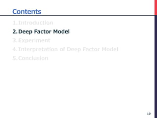 Contents
1.Introduction
2.Deep Factor Model
3.Experiment
4.Interpretation of Deep Factor Model
5.Conclusion
10
 