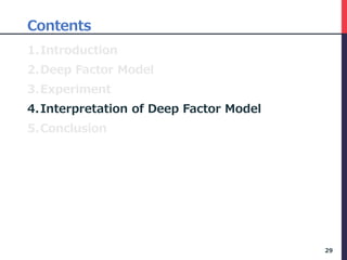 Contents
1.Introduction
2.Deep Factor Model
3.Experiment
4.Interpretation of Deep Factor Model
5.Conclusion
29
 