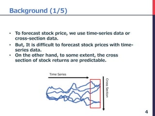 Background (1/5)
• To forecast stock price, we use time-series data or
cross-section data.
• But, It is difficult to forecast stock prices with time-
series data.
• On the other hand, to some extent, the cross
section of stock returns are predictable.
4
Time Series
CrossSection
 