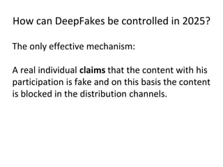 How can DeepFakes be controlled in 2025?
The only effective mechanism:
A real individual claims that the content with his
...