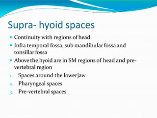 Supra- hyoid spaces
 Continuity with regions of head
 Infra temporal fossa, sub mandibularfossaand
tonsillarfossa
 Above the hyoid are in SM regions of head and pre-
vertebral region
1. Spaces around the lowerjaw
2. Pharyngeal spaces
3. Pre-vertebral spaces
 