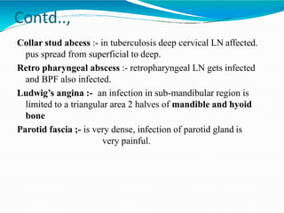 Contd..,
Collar stud abcess :- in tuberculosis deep cervical LN affected.
pus spread from superficial to deep.
Retro pharyngeal abscess :- retropharyngeal LN gets infected
and BPF also infected.
Ludwig’s angina :- an infection in sub-mandibular region is
limited to a triangular area 2 halves of mandible and hyoid
bone
Parotid fascia ;- is very dense, infection of parotid gland is
very painful.
 