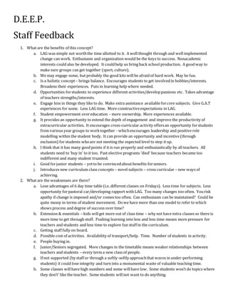 D.E.E.P. 
Staff Feedback 
1. What are the benefits of this concept? 
a. LAG was simple not worth the time allotted to it. A well thought through and well implemented 
change can work. Enthusiasm and organization would be the keys to success. Nonacademic 
interests could also be developed. It could help us bring back school production. A good way to 
make sure groups can get together (sport, culture). 
b. We may engage some, but probably the good kits will be afraid of hard work. May be fun. 
c. Is a holistic concept – brings balance. Encourages students to get involved in hobbies/interests. 
Broadens their experiences. Puts in learning help where needed. 
d. Opportunities for students to experience different activities/develop passions etc. Takes advantage 
of teachers strengths/interests. 
e. Engage kiss in things they like to do. Make extra assistance available for core subjects. Give G.A.T 
experiences for some. Less LAG time. More constructive expectations in LAG. 
f. Student empowerment over education – more ownership. More experiences available. 
g. It provides an opportunity to extend the depth of engagement and improve the productivity of 
extracurricular activities. It encourages cross-curricular activity offers an opportunity for students 
from various year groups to work together - which encourages leadership and positive role 
modelling within the student body. It can provide an opportunity and incentive (through 
exclusion) for students who are not meeting the expected level to step it up. 
h. I think that it has many good points if it is run properly and enthusiastically by all teachers. All 
students need to ‘buy in’ to it too. Past elective programs ‘died’ because teachers became too 
indifferent and many student truanted. 
i. Good for junior students – yet to be convinced about benefits for seniors. 
j. Introduces new curriculum class concepts – novel subjects – cross curricular – new ways of 
achieving. 
2. What are the weaknesses are there? 
a. Lose advantages of 6 day time table (i.e. different classes on Fridays). Less time for subjects. Less 
opportunity for pastoral car/developing rapport with LAG. Too many changes too often. You risk 
apathy if change is imposed and/or comes too often. Can enthusiasm can be maintained? Could be 
quite messy in terms of student movement. Do we have more than one model to refer to which 
shows process and degree of success over time? 
b. Extension & essentials – kids will get more out of class time – why not have extra classes so there is 
more time to get through stuff. Pushing learning into less and less time means more pressure for 
teachers and students and less time to explore fun stuff in the curriculum. 
c. Getting staff fully on board. 
d. Possible cost of activities. Availability of transport/help. Time. Number of students in activity. 
e. People buying in. 
f. Junior/Seniors segregated. More changes in the timetable means weaker relationships between 
teachers and students – every term a new class of people. 
g. If not supported (by staff or through a softly-softly approach that waves in under-performing 
students) it could lose integrity and turn into a monumental waste of valuable teaching time. 
h. Some classes will have high numbers and some will have low. Some students won’t do topics where 
they don’t’ like the teacher. Some students will not want to do anything. 
 