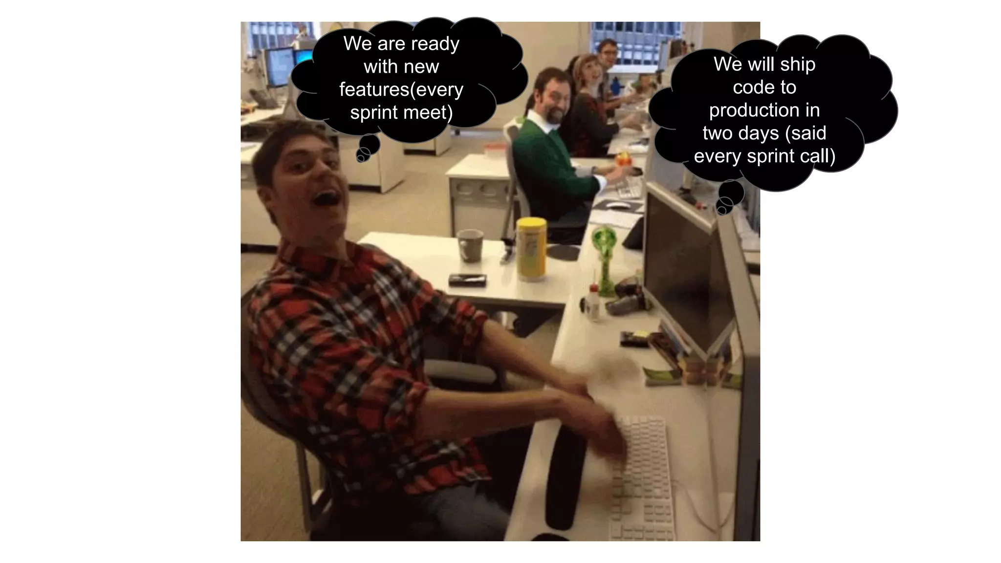 We will ship
code to
production in
two days (said
every sprint call)
We are ready
with new
features(every
sprint meet)
 