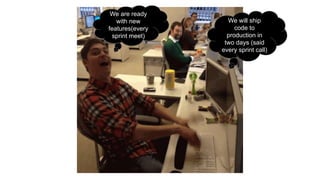 We will ship
code to
production in
two days (said
every sprint call)
We are ready
with new
features(every
sprint meet)
 