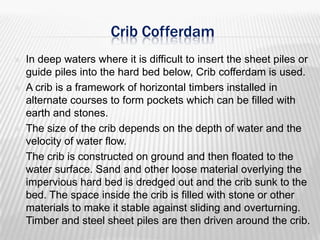 Crib Cofferdam








In deep waters where it is difficult to insert the sheet piles or
guide piles into the hard bed below, Crib cofferdam is used.
A crib is a framework of horizontal timbers installed in
alternate courses to form pockets which can be filled with
earth and stones.
The size of the crib depends on the depth of water and the
velocity of water flow.
The crib is constructed on ground and then floated to the
water surface. Sand and other loose material overlying the
impervious hard bed is dredged out and the crib sunk to the
bed. The space inside the crib is filled with stone or other
materials to make it stable against sliding and overturning.
Timber and steel sheet piles are then driven around the crib.

 