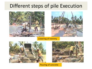Different steps of pile Execution
Lowering of tremmy
Pouring of concrete
 