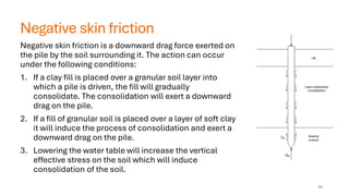 Negative skin friction
Negative skin friction is a downward drag force exerted on
the pile by the soil surrounding it. The action can occur
under the following conditions:
1. If a clay fill is placed over a granular soil layer into
which a pile is driven, the fill will gradually
consolidate. The consolidation will exert a downward
drag on the pile.
2. If a fill of granular soil is placed over a layer of soft clay
it will induce the process of consolidation and exert a
downward drag on the pile.
3. Lowering the water table will increase the vertical
effective stress on the soil which will induce
consolidation of the soil.
49
 