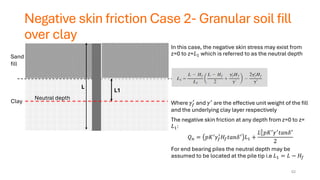 Negative skin friction Case 2- Granular soil fill
over clay
In this case, the negative skin stress may exist from
z=0 to z=𝐿1 which is referred to as the neutral depth
Where 𝛾𝑓
′
and 𝛾′
are the effective unit weight of the fill
and the underlying clay layer respectively
The negative skin friction at any depth from z=0 to z=
𝐿1:
𝑄𝑛 = 𝑝𝐾′
𝛾𝑓
′
𝐻𝑓𝑡𝑎𝑛𝛿′
𝐿1 +
𝐿1
2
𝑝𝐾′
𝛾′
𝑡𝑎𝑛𝛿′
2
For end bearing piles the neutral depth may be
assumed to be located at the pile tip i.e 𝐿1 = 𝐿 − 𝐻𝑓
52
Sand
fill
Clay
L
L1
Neutral depth
 