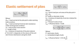 Elastic settlement of piles
Where:
𝑄𝑤𝑝 = load carried at the pile point under working
load condition
𝑄𝑤𝑠 = load carried by frictional skin resistance
under working load condition
𝐴𝑃 = area of pile cross-section
L = length of pile
𝐸𝑝 = modulus of elasticity of the pile material
= 0.5-0.67, it depends on the nature of the unit
skin friction distribution along the shaft
Where:
𝑞𝑤𝑝 =point load per unit area at the pile point =
Τ
𝑄𝑤𝑝 𝐴𝑝
D = width or diameter of pile
𝐸𝑝 = modulus of elasticity of soil at or below the
pile point
𝜇𝑠 = Poisson's ratio of soil
𝐼𝑤𝑝 = influence factor ≈ 0.85
Where:
P = perimeter of pile
L = embedded length of pile
𝐼𝑤𝑠 = influence factor = 2+0.35
𝐿
𝐷
55
 