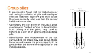 Group piles
• In practice it is found that the disturbance of
soil during installation of pile and overlap of
stresses between adjacent pile may cause
the group capacity to be less than the sum of
individual capacities.
• Conversely the soil between individual piles
may become “locked in” due to densification
from driving and the group may tend to
behave as a unit or an equivalent single large
pile.
• Densification and improvement of the soil
surrounding the group may also occur. These
factors may increase the group capacity to be
greater than the sum of the capacities of the
individual piles.
58
 