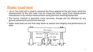 Static load test
• An in- line load cell is used to measure the force applied at the pile head, while the
displacement of the pile head may be measured either using local displacement
transducers or by remote measurement using precision levelling equipment.
• The former method is generally more accurate, though will be affected by any
ground settlements around the test pile
• Static load tests are the final step taken to assess the integrity and performance of
piles
67
 