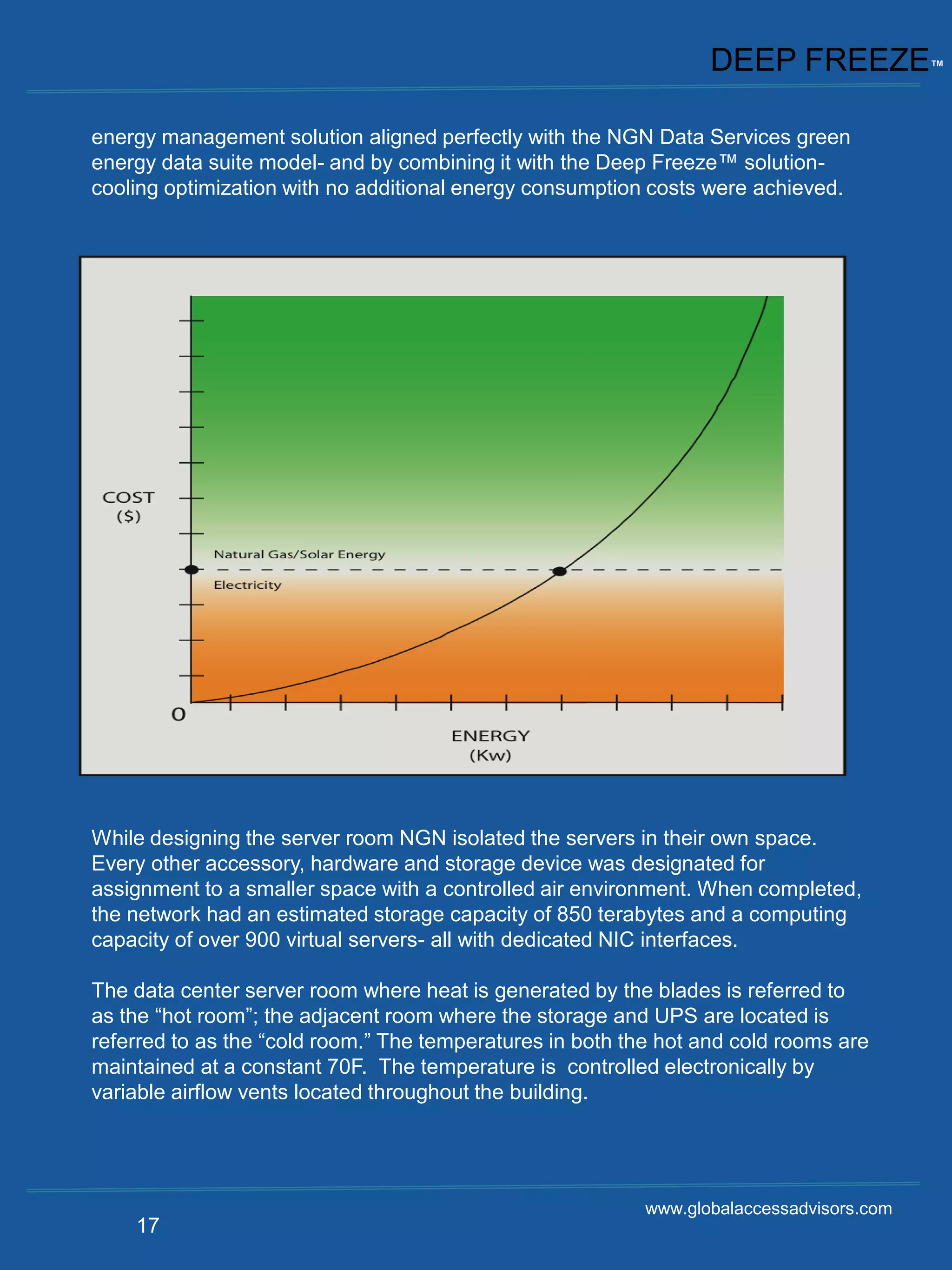 DEEP FREEZE™

energy management solution aligned perfectly with the NGN Data Services green
energy data suite model- and by combining it with the Deep Freeze™ solution-
cooling optimization with no additional energy consumption costs were achieved.




While designing the server room NGN isolated the servers in their own space.
Every other accessory, hardware and storage device was designated for
assignment to a smaller space with a controlled air environment. When completed,
the network had an estimated storage capacity of 850 terabytes and a computing
capacity of over 900 virtual servers- all with dedicated NIC interfaces.

The data center server room where heat is generated by the blades is referred to
as the “hot room”; the adjacent room where the storage and UPS are located is
referred to as the “cold room.” The temperatures in both the hot and cold rooms are
maintained at a constant 70F. The temperature is controlled electronically by
variable airflow vents located throughout the building.




                                                           www.globalaccessadvisors.com
    17
 