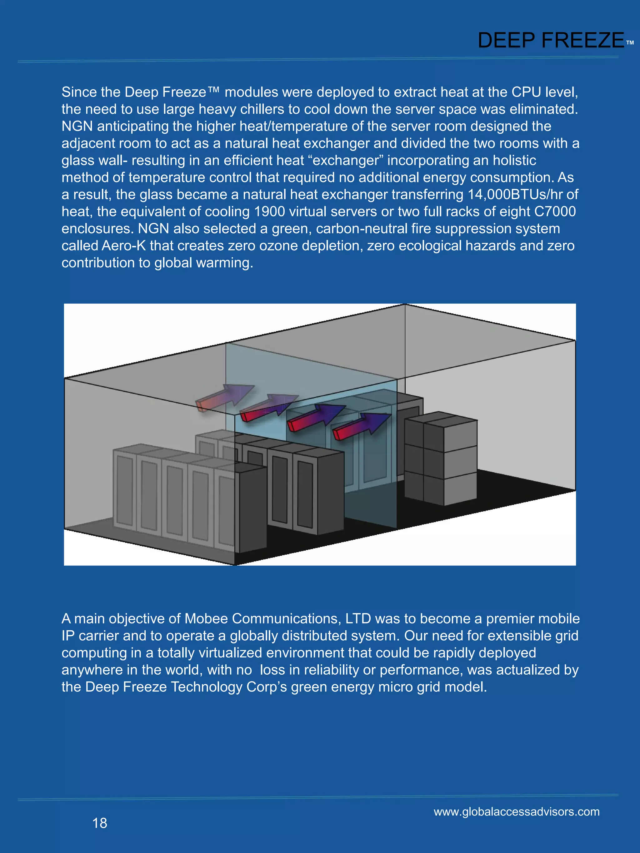DEEP FREEZE™

Since the Deep Freeze™ modules were deployed to extract heat at the CPU level,
the need to use large heavy chillers to cool down the server space was eliminated.
NGN anticipating the higher heat/temperature of the server room designed the
adjacent room to act as a natural heat exchanger and divided the two rooms with a
glass wall- resulting in an efficient heat “exchanger” incorporating an holistic
method of temperature control that required no additional energy consumption. As
a result, the glass became a natural heat exchanger transferring 14,000BTUs/hr of
heat, the equivalent of cooling 1900 virtual servers or two full racks of eight C7000
enclosures. NGN also selected a green, carbon-neutral fire suppression system
called Aero-K that creates zero ozone depletion, zero ecological hazards and zero
contribution to global warming.




A main objective of Mobee Communications, LTD was to become a premier mobile
IP carrier and to operate a globally distributed system. Our need for extensible grid
computing in a totally virtualized environment that could be rapidly deployed
anywhere in the world, with no loss in reliability or performance, was actualized by
the Deep Freeze Technology Corp’s green energy micro grid model.




                                                             www.globalaccessadvisors.com
    18
 