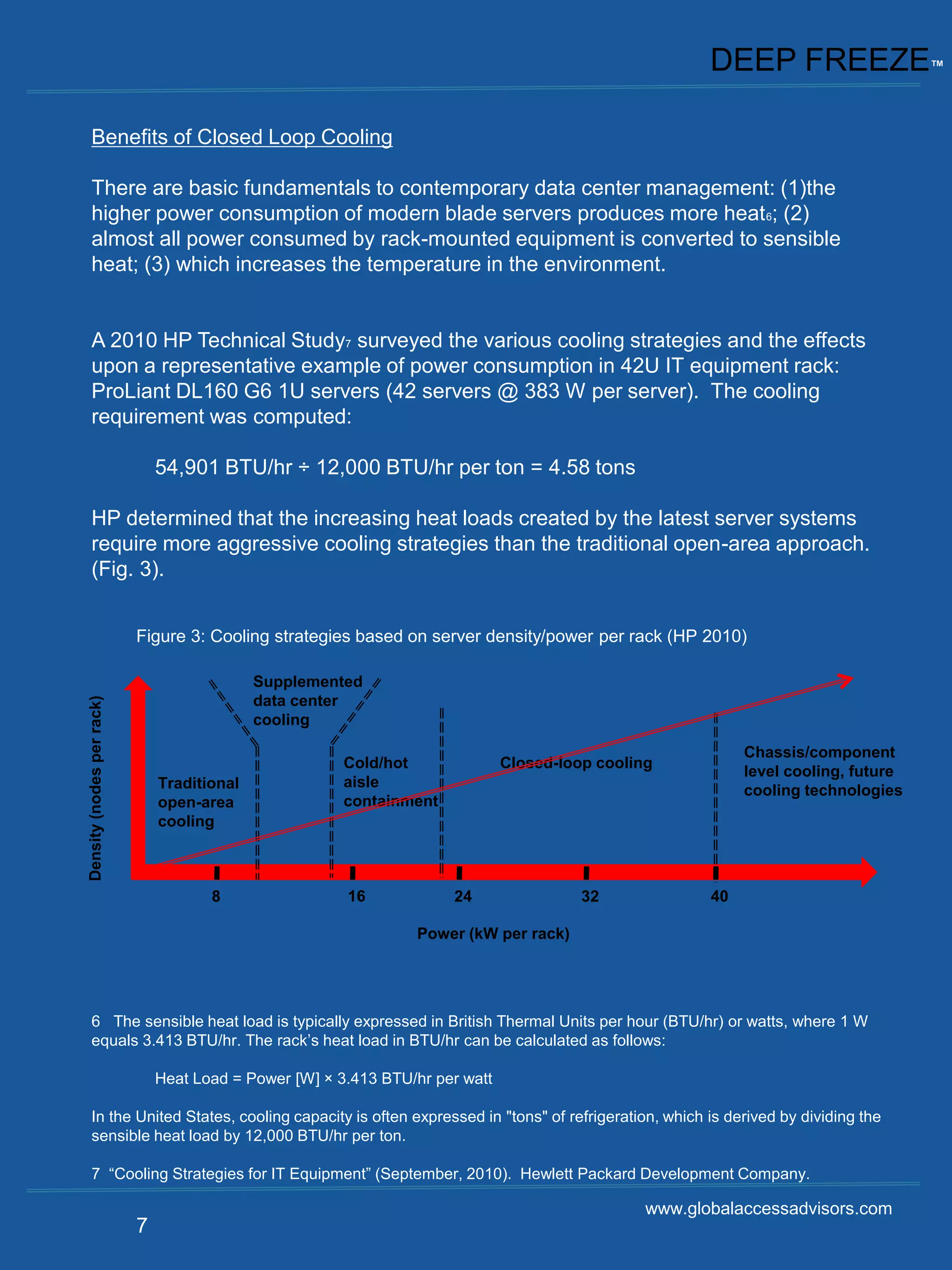 DEEP FREEZE™

       Benefits of Closed Loop Cooling

       There are basic fundamentals to contemporary data center management: (1)the
       higher power consumption of modern blade servers produces more heat 6; (2)
       almost all power consumed by rack-mounted equipment is converted to sensible
       heat; (3) which increases the temperature in the environment.


       A 2010 HP Technical Study7 surveyed the various cooling strategies and the effects
       upon a representative example of power consumption in 42U IT equipment rack:
       ProLiant DL160 G6 1U servers (42 servers @ 383 W per server). The cooling
       requirement was computed:

                               54,901 BTU/hr ÷ 12,000 BTU/hr per ton = 4.58 tons

       HP determined that the increasing heat loads created by the latest server systems
       require more aggressive cooling strategies than the traditional open-area approach.
       (Fig. 3).


                           Figure 3: Cooling strategies based on server density/power per rack (HP 2010)

                                             Supplemented
                                             data center
Density (nodes per rack)




                                             cooling

                                                                                                             Chassis/component
                                                        Cold/hot               Closed-loop cooling
                                                                                                             level cooling, future
                               Traditional              aisle
                                                                                                             cooling technologies
                               open-area                containment
                               cooling



                                      8                 16            24                 32             40

                                                                 Power (kW per rack)




       6 The sensible heat load is typically expressed in British Thermal Units per hour (BTU/hr) or watts, where 1 W
       equals 3.413 BTU/hr. The rack’s heat load in BTU/hr can be calculated as follows:

                               Heat Load = Power [W] × 3.413 BTU/hr per watt

       In the United States, cooling capacity is often expressed in "tons" of refrigeration, which is derived by dividing the
       sensible heat load by 12,000 BTU/hr per ton.

       7 “Cooling Strategies for IT Equipment” (September, 2010). Hewlett Packard Development Company.

                                                                                                 www.globalaccessadvisors.com
                           7
 