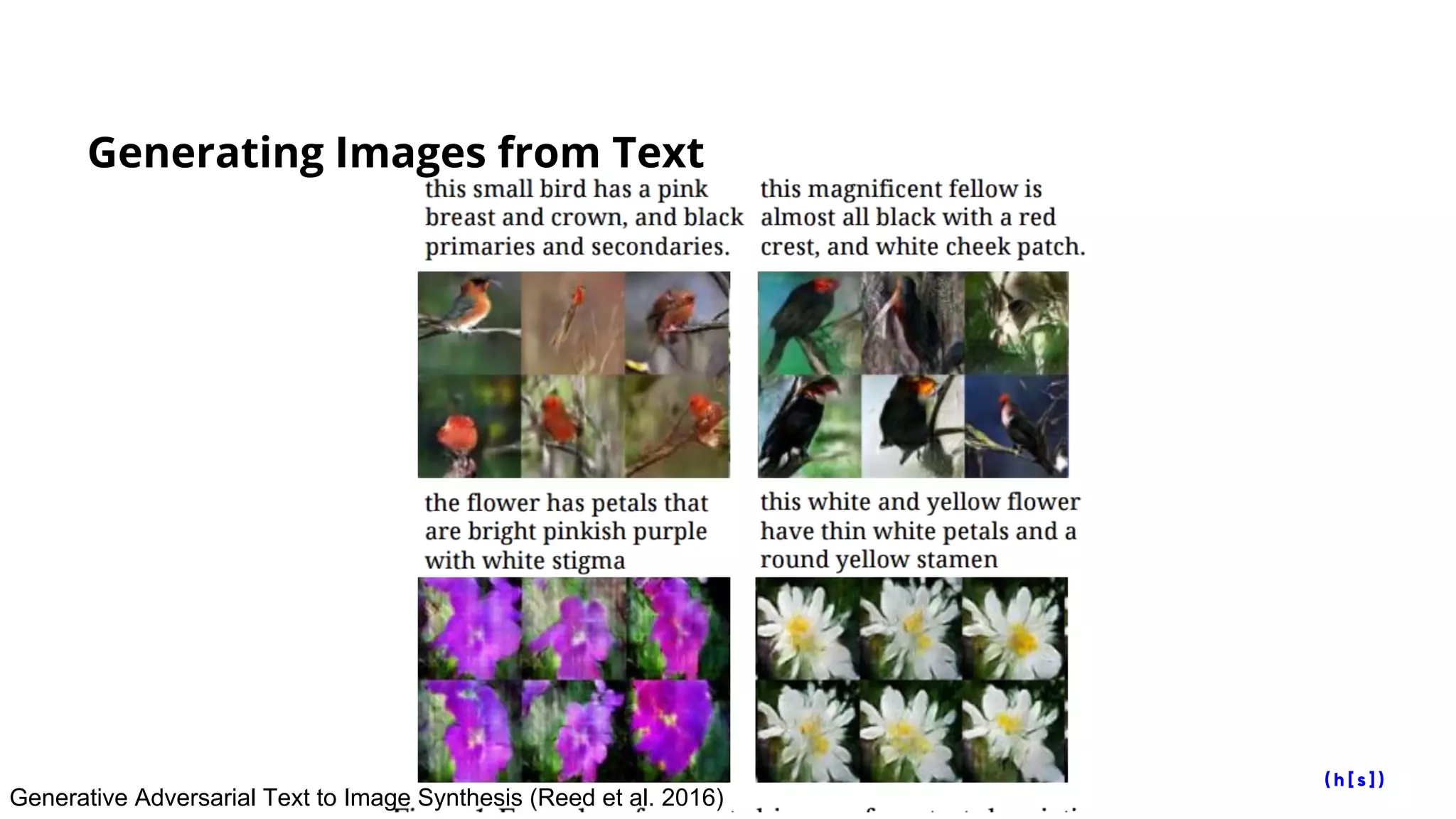 Generating Images from Text
Generative Adversarial Text to Image Synthesis (Reed et al. 2016)
 