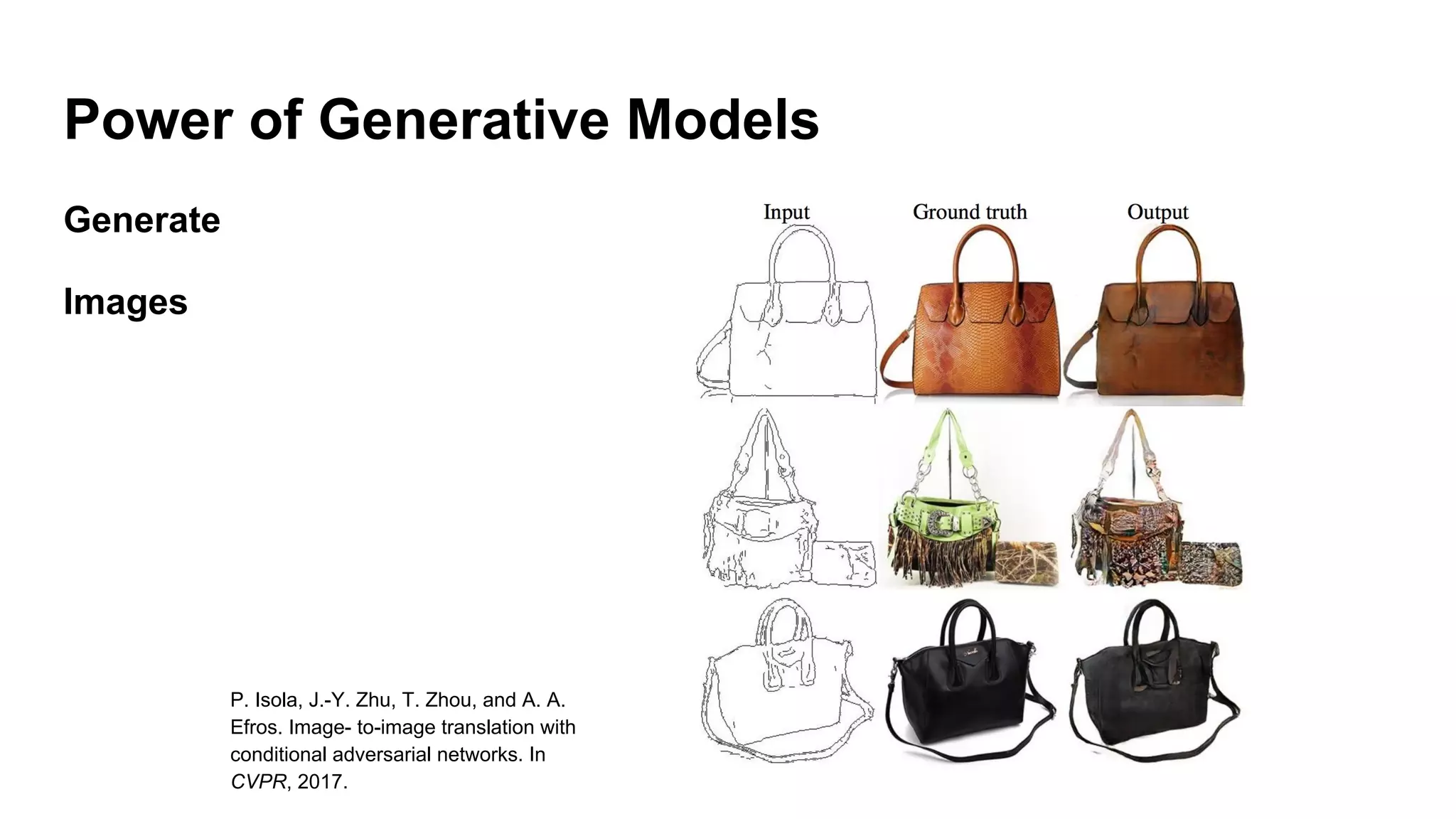 Power of Generative Models
Generate
Images
P. Isola, J.-Y. Zhu, T. Zhou, and A. A.
Efros. Image- to-image translation with
conditional adversarial networks. In
CVPR, 2017.
 