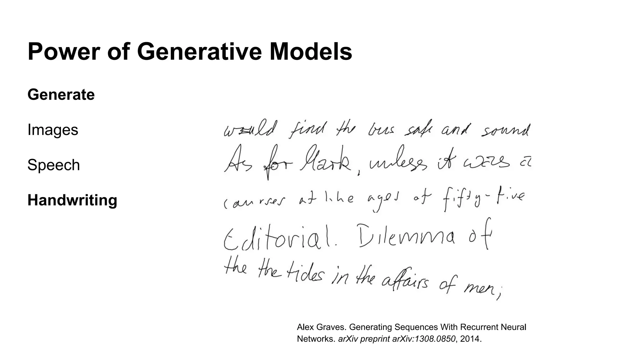 Power of Generative Models
Generate
Images
Speech
Handwriting
Alex Graves. Generating Sequences With Recurrent Neural
Networks. arXiv preprint arXiv:1308.0850, 2014.
 