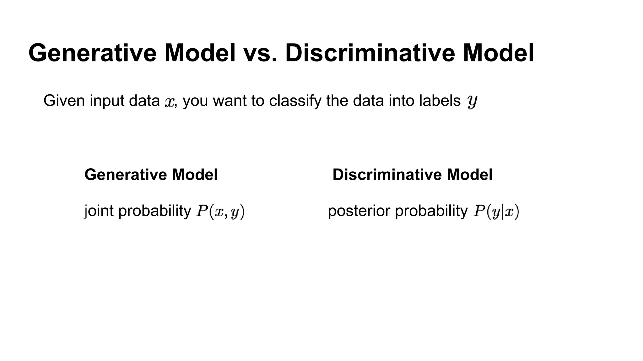 Generative Model vs. Discriminative Model
Given input data , you want to classify the data into labels
Generative Model Discriminative Model
posterior probabilityjoint probability
 