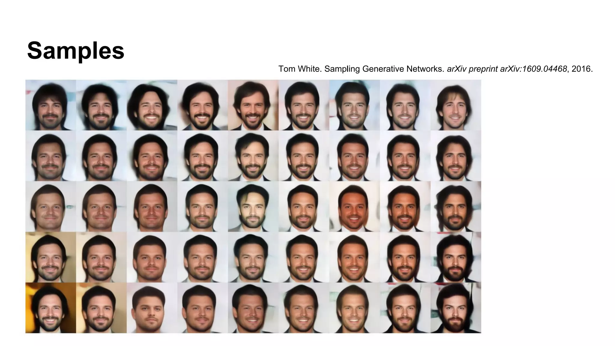 Samples
Tom White. Sampling Generative Networks. arXiv preprint arXiv:1609.04468, 2016.
 
