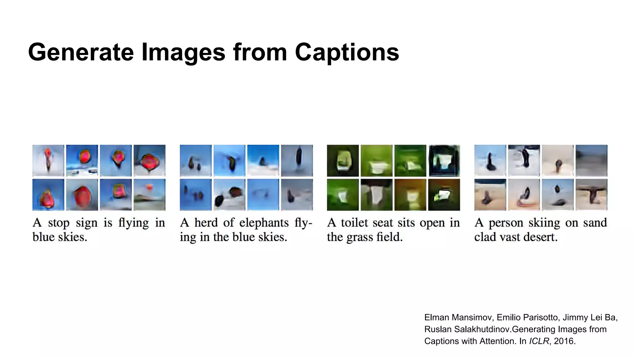 Generate Images from Captions
Elman Mansimov, Emilio Parisotto, Jimmy Lei Ba,
Ruslan Salakhutdinov.Generating Images from
Captions with Attention. In ICLR, 2016.
 