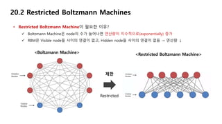 20.2 Restricted Boltzmann Machines
• Restricted Boltzmann Machine이 필요한 이유?
 Boltzmann Machine은 node의 수가 늘어나면 연산량이 지수적으로(exponentially) 증가
 RBM은 Visible node들 사이의 연결이 없고, Hidden node들 사이의 연결이 없음 → 연산량 ↓
<Boltzmann Machine> <Restricted Boltzmann Machine>
Restricted
제한
 
