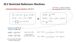 Z에 가능한 v, h 조합이 너무 많아서
joint probability 를 계산하기 어려움
20.2 Restricted Boltzmann Machines
• Restricted Boltzmann Machine 작동 방식
=
conditional probability 를
계산하는 것이 훨씬 쉬움
같은 layer내의 연결이 없기 때문에
conditionally independent함
state가 0 또는 1 일 때,
좌측의 식으로부터
우측의 식을 유도할 수 있음
 