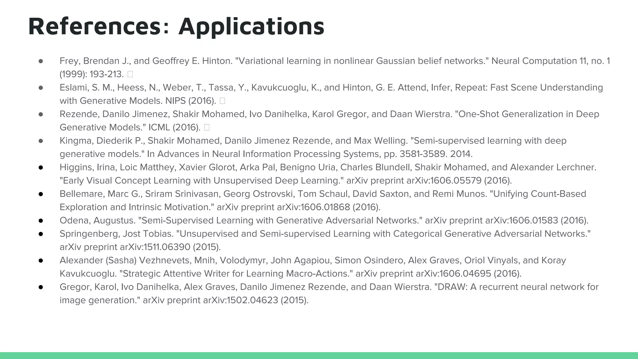 References: Applications
● Frey, Brendan J., and Geoffrey E. Hinton. "Variational learning in nonlinear Gaussian belief networks." Neural Computation 11, no. 1
(1999): 193-213.
● Eslami, S. M., Heess, N., Weber, T., Tassa, Y., Kavukcuoglu, K., and Hinton, G. E. Attend, Infer, Repeat: Fast Scene Understanding
with Generative Models. NIPS (2016).
● Rezende, Danilo Jimenez, Shakir Mohamed, Ivo Danihelka, Karol Gregor, and Daan Wierstra. "One-Shot Generalization in Deep
Generative Models." ICML (2016).
● Kingma, Diederik P., Shakir Mohamed, Danilo Jimenez Rezende, and Max Welling. "Semi-supervised learning with deep
generative models." In Advances in Neural Information Processing Systems, pp. 3581-3589. 2014.
● Higgins, Irina, Loic Matthey, Xavier Glorot, Arka Pal, Benigno Uria, Charles Blundell, Shakir Mohamed, and Alexander Lerchner.
"Early Visual Concept Learning with Unsupervised Deep Learning." arXiv preprint arXiv:1606.05579 (2016).
● Bellemare, Marc G., Sriram Srinivasan, Georg Ostrovski, Tom Schaul, David Saxton, and Remi Munos. "Unifying Count-Based
Exploration and Intrinsic Motivation." arXiv preprint arXiv:1606.01868 (2016).
● Odena, Augustus. "Semi-Supervised Learning with Generative Adversarial Networks." arXiv preprint arXiv:1606.01583 (2016).
● Springenberg, Jost Tobias. "Unsupervised and Semi-supervised Learning with Categorical Generative Adversarial Networks."
arXiv preprint arXiv:1511.06390 (2015).
● Alexander (Sasha) Vezhnevets, Mnih, Volodymyr, John Agapiou, Simon Osindero, Alex Graves, Oriol Vinyals, and Koray
Kavukcuoglu. "Strategic Attentive Writer for Learning Macro-Actions." arXiv preprint arXiv:1606.04695 (2016).
● Gregor, Karol, Ivo Danihelka, Alex Graves, Danilo Jimenez Rezende, and Daan Wierstra. "DRAW: A recurrent neural network for
image generation." arXiv preprint arXiv:1502.04623 (2015).
 