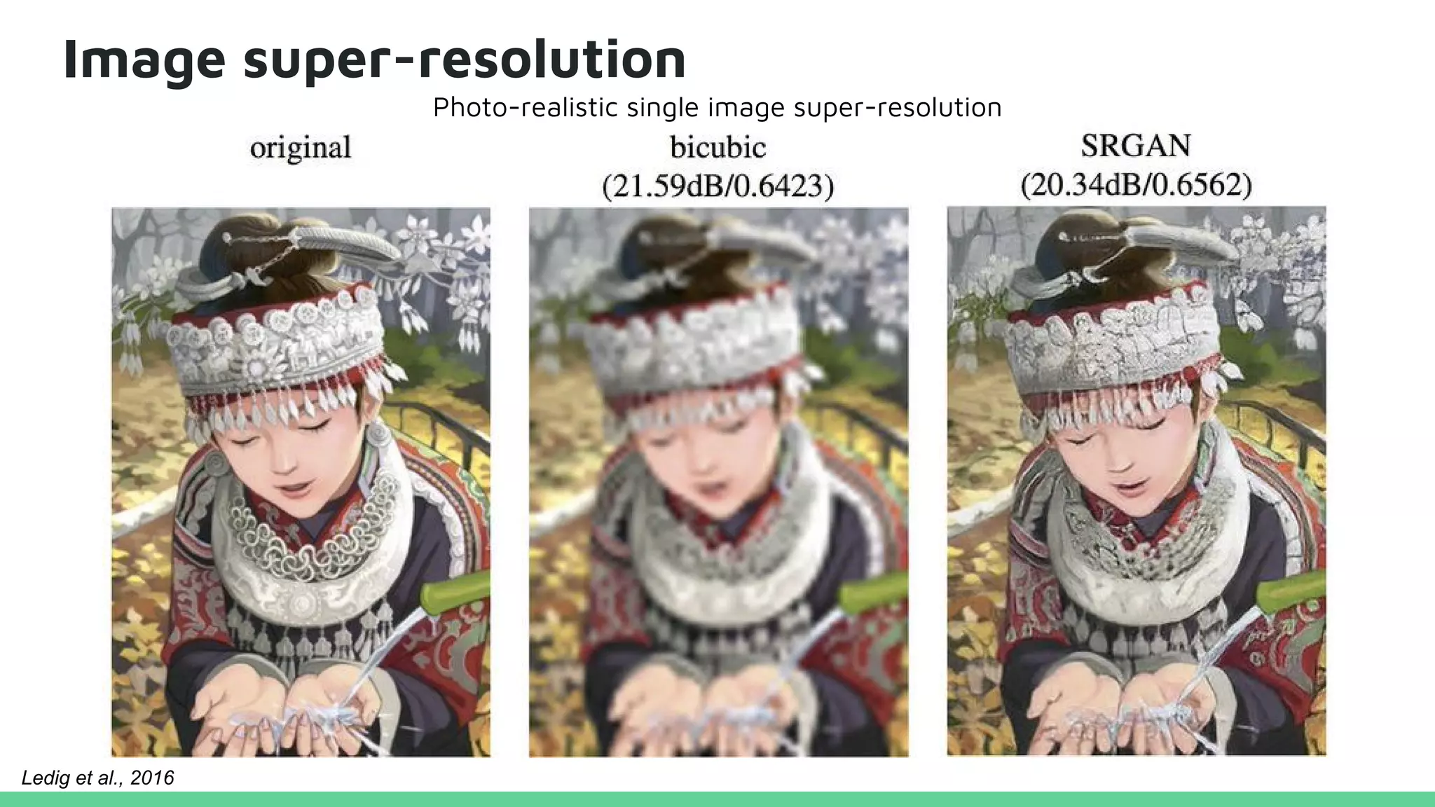 Image super-resolution
Photo-realistic single image super-resolution
Ledig et al., 2016
 