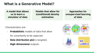 What is a Generative Model?
Characteristics are:
- Probabilistic models of data that allow
for uncertainty to be captured.
- Data distribution p(x) is targeted.
- High-dimensional outputs.
A model that allows
us to learn a
simulator of data
Models that allow for
(conditional) density
estimation
Approaches for
unsupervised learning
of data
 