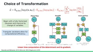 Choice of Transformation
Triangular Jacobians allow for
computational efficiency.
Linear time computation of the determinant and its gradient.
Begin with a fully-factorised
Gaussian and improve by
change of variables.
Rezende and Mohamed, 2015; Dinh et al, 2016, Kingma et al, 2016
 