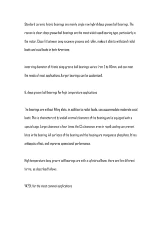 Standard ceramic hybrid bearings are mainly single row hybrid deep groove ball bearings. The

reason is clear: deep groove ball bearings are the most widely used bearing type, particularly in

the motor. Close fit between deep raceway grooves and roller, makes it able to withstand radial

loads and axial loads in both directions.



inner ring diameter of Hybrid deep groove ball bearings varies from 5 to 110mm, and can meet

the needs of most applications. Larger bearings can be customized.



6, deep groove ball bearings for high temperature applications



The bearings are without filling slots, in addition to radial loads, can accommodate moderate axial

loads. This is characterized by radial internal clearance of the bearing and is equipped with a

special cage. Large clearance is four times the C5 clearance, even in rapid cooling can prevent

bites in the bearing. All surfaces of the bearing and the housing are manganese phosphate. It has

antiseptic effect, and improves operational performance.



High temperature deep groove ball bearings are with a cylindrical bore, there are five different

forms, as described follows.



VA201, for the most common applications
 