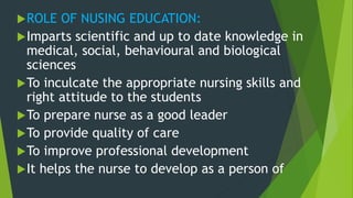 ROLE OF NUSING EDUCATION:
Imparts scientific and up to date knowledge in
medical, social, behavioural and biological
sciences
To inculcate the appropriate nursing skills and
right attitude to the students
To prepare nurse as a good leader
To provide quality of care
To improve professional development
It helps the nurse to develop as a person of
 