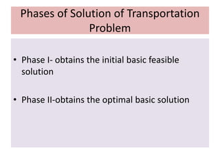 Phases of Solution of Transportation
Problem
• Phase I- obtains the initial basic feasible
solution
• Phase II-obtains the optimal basic solution
 