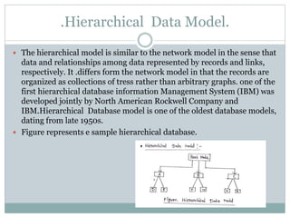  The hierarchical model is similar to the network model in the sense that
data and relationships among data represented by records and links,
respectively. It .differs form the network model in that the records are
organized as collections of tress rather than arbitrary graphs. one of the
first hierarchical database information Management System (IBM) was
developed jointly by North American Rockwell Company and
IBM.Hierarchical Database model is one of the oldest database models,
dating from late 1950s.
 Figure represents e sample hierarchical database.
.Hierarchical Data Model.
 