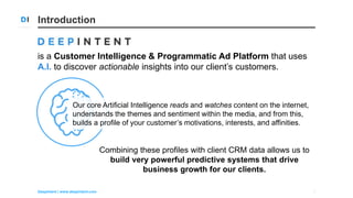 3DeepIntent | www.deepintent.com
Introduction
is a Customer Intelligence & Programmatic Ad Platform that uses
A.I. to disc...
