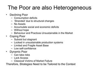 The Poor are also Heterogeneous  Declining Poor Consumption deficits ‘ Stranded’ due to structural changes No Assets Accumulate social and economic deficits Without hope Behaviour and Practices Unsustainable in the Market Coping Poor Subsist but stagnant Locked in unsustainable production systems Limited and Fragile Asset Base Low self-confidence Dynamic Poor Can take risks Lack Access Classical Victims of Market Failure Therefore, Strategies Need to be Tailored to the Context 